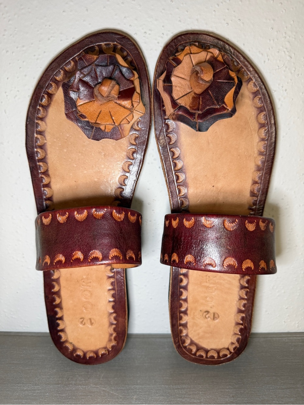 Handmade Leather Sandals Floral Toe Thong Caribbean Slip On Mexico Greek Strappy - Picture 4 of 8
